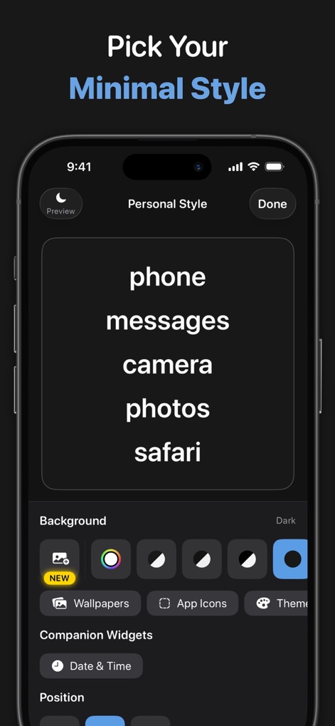 Dumb Phone (dp) - Explore styling options where users choose dark or light backgrounds and preview their customized minimalist app layout in real-time.