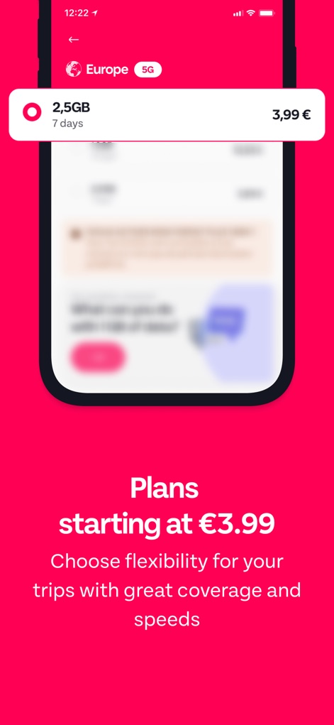 GoMoWorld: Travel eSIM | Data - The app showcases diverse "Plans starting at €3.99," presenting options like "2.5GB for 7 days" to suit various travel needs.