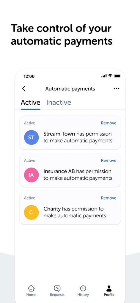 Swish payments - The app empowers users to manage recurring expenses through its dedicated 'Automatic payments' section, clearly listing active permissions for companies and organizations.