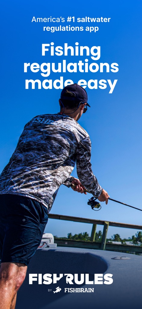Fish Rules: Local Fishing Laws - このアプリは、釣りの規制をシンプルにするという約束を、釣りを楽しむユーザーの様子と明確なアプリのキャッチフレーズによって視覚的に表現しています。