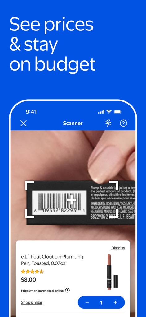 Walmart: Shopping & Savings - This tool empowers users to check prices and product details, displaying a barcode scanner in action and the item's price alongside product information.