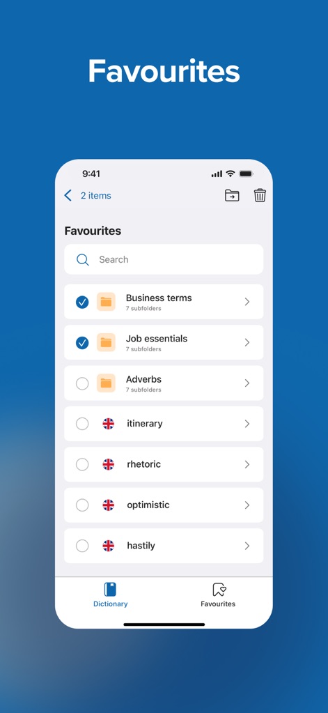 Oxford Dictionary & Thesaurus - A seção "Favoritos" permite aos usuários criar pastas personalizadas, como "Business terms" e "Job essentials", e salvar palavras individuais como "itinerary" e "rhetoric" para consulta futura.