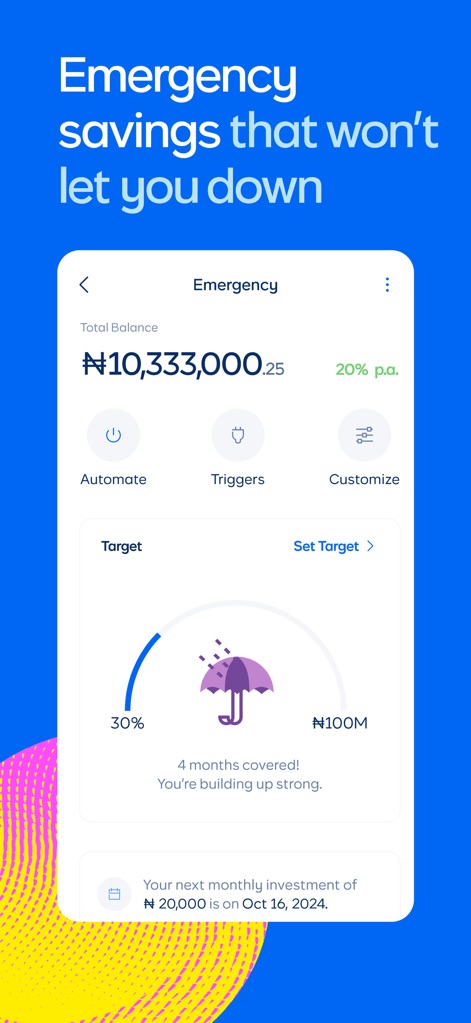 Cowrywise: Save & Invest Money - ユーザーは緊急資金の現在の残高と年間利回りを確認でき、目標額と進捗状況を視覚的に追跡するためのターゲットリングを活用できます。