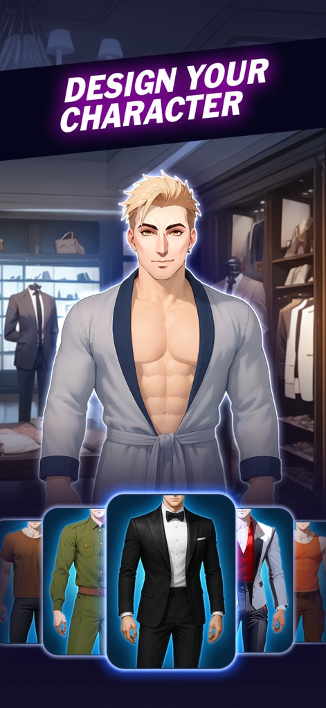 Anime Dating Sim: Story Games - Los usuarios pueden personalizar a su protagonista, eligiendo entre múltiples opciones de atuendos intercambiables que se visualizan contra el detallado fondo de un vestidor.