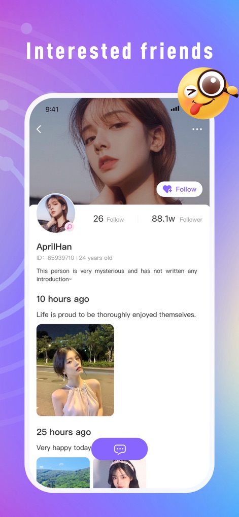 Nala Chat - Explore detailed user profiles, offering a comprehensive overview of interests and an interactive post history to easily connect with new friends.