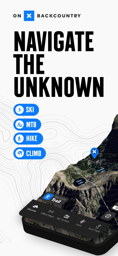 onX Backcountry: Trail GPS App - Users can seamlessly switch between activity-specific map modes like 'Hike' and 'Ski' directly from the main map view.