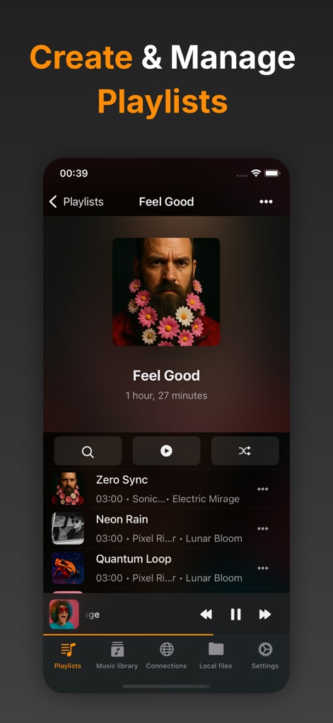 Flacbox: Hi-Res Music Player - Organisez vos collections musicales sans effort avec une gestion de playlists avancée, permettant de créer, modifier et parcourir vos listes de lecture personnalisées avec des options de recherche et de lecture aléatoire.