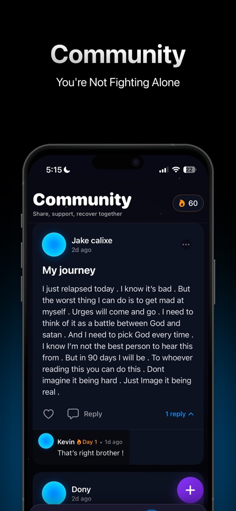 Rewired: Defeat Lust Now - The app fosters a supportive environment, showcasing community posts and interactive reply features for peer engagement.