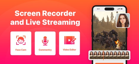 Screen Recorder with Audio - Esta vista general destaca las capacidades multifacéticas de la aplicación, mostrando iconos claros para FaceCam y Comentario, y una previsualización de la grabación en el iPhone que integra estas funciones.