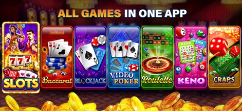 Baccarat - Casino Style - Discover the vast collection of classic casino games available, including visually distinct icons for 'Slots' and 'Blackjack', alongside Baccarat, Video Poker, Roulette, Keno, and Craps.