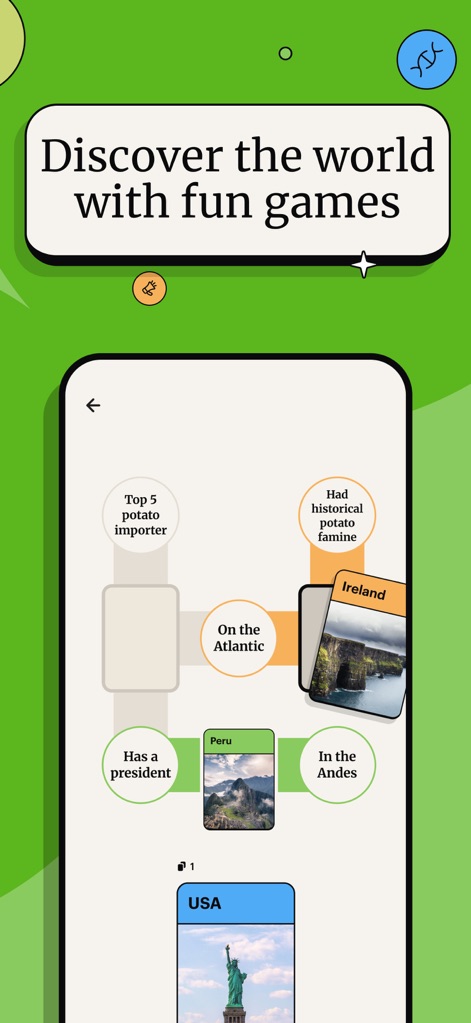 Spark: Daily Learning Puzzles - Explore the app's interactive card-based game mechanics, allowing users to connect concepts like "Top 5 potato importer" and geographical locations such as "Peru".