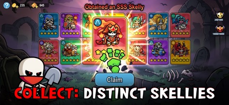 Skull Up - Witness the excitement of obtaining new Skelly characters, displayed prominently alongside the 'Obtained an SSS Skelly' achievement notification.