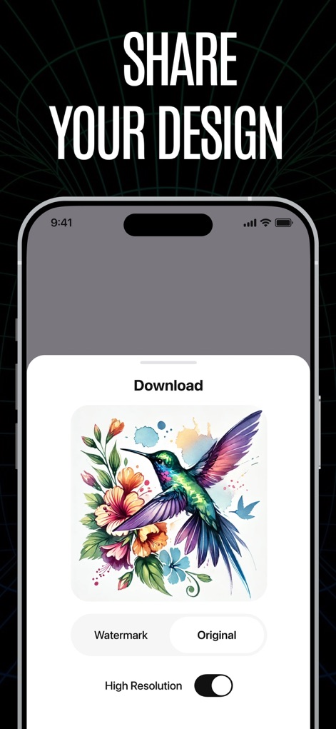 Tattoo AI Design Generator－Ink - Seamlessly share generated designs with friends or artists, choosing between watermarked previews or high-resolution originals for download.