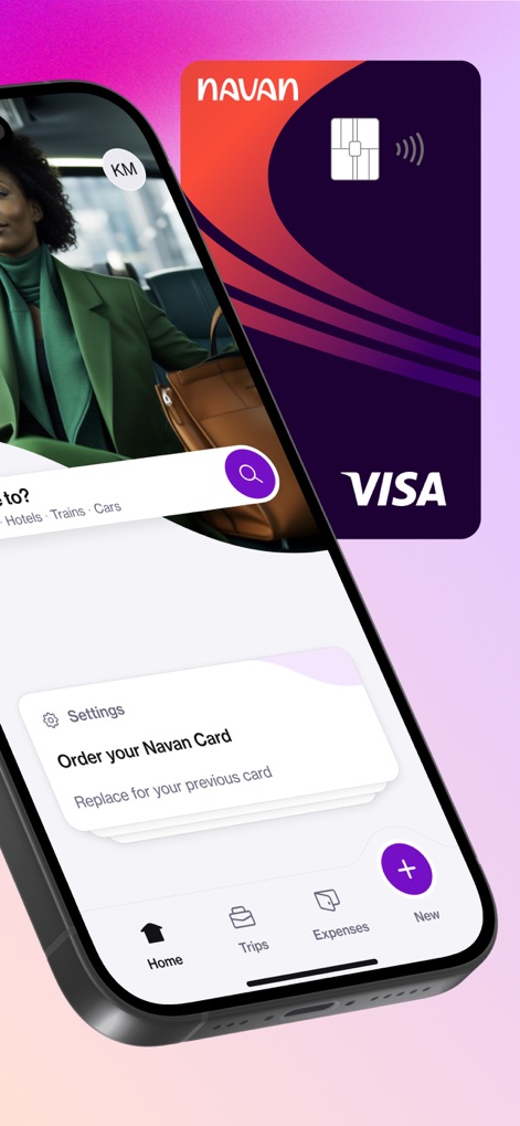 Navan - Observe the integrated travel search functionality and the seamless process for ordering or managing the Navan corporate card directly within the app.
