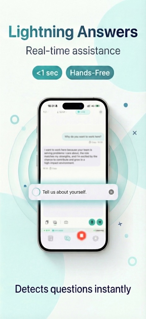 Interview AI Copilot: IT Buddy - Esta tela demonstra a capacidade do aplicativo de detectar perguntas instantaneamente, com uma notificação pop-up para 'Fale-nos sobre você' e o botão de gravação em destaque.