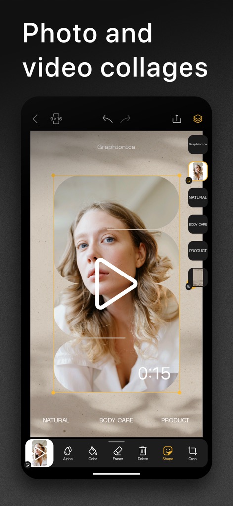 Graphionica: Story Maker - This tool allows users to effortlessly combine multiple photos and videos into stunning collages, offering precise controls like the play button for video integration and a versatile bottom toolbar for shape and crop adjustments.