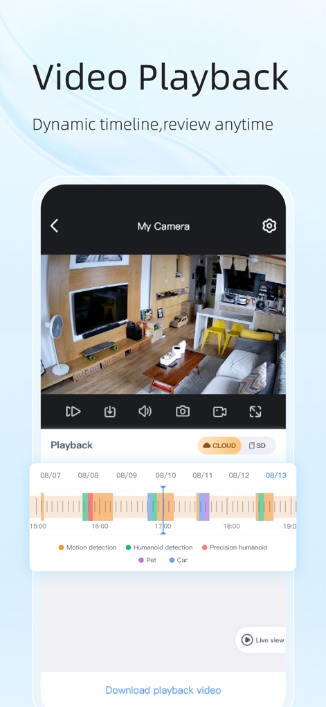 EseeCloud(IP Pro, VR Cam) - Nutzer können aufgezeichnete Videos über eine übersichtliche Zeitleiste abspielen und Ereignisse anhand farbcodierter Markierungen wie Bewegungserkennung und menschlicher Erkennung schnell identifizieren.