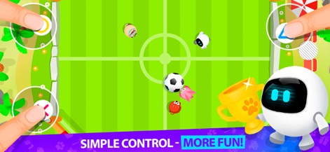 2 3 4 Player Party Mini Games - La imagen destaca un vibrante campo de fútbol donde diversos personajes caricaturescos compiten, mostrando el estilo de arte y la mecánica de juego. Los usuarios pueden apreciar el campo de fútbol verde vibrante y los controles táctiles intuitivos que simulan un joystick para una jugabilidad sencilla.