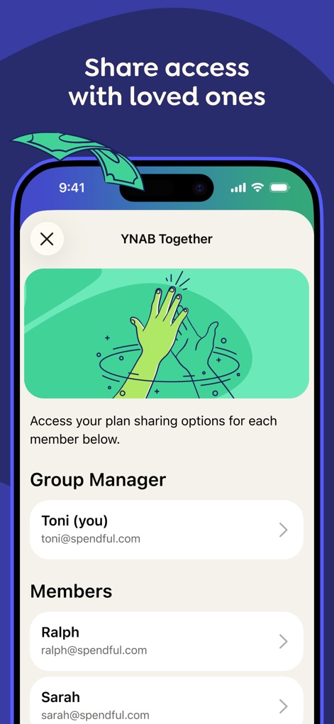 YNAB - Facilitate shared financial management through 'YNAB Together,' enabling users to 'Share access' to plans and see group 'Members'.