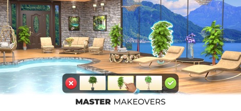 My Home Makeover: Dream Design - La aplicación ofrece la posibilidad de dominar transformaciones impresionantes, evidenciado por un área de piscina interior con vistas a un lago y la opción de añadir vegetación exuberante.
