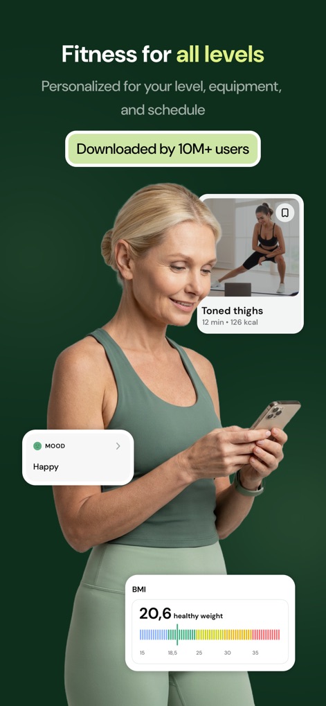 Lasta Fit: Your Wellness Coach - This tool personalizes wellness by displaying mood tracking and BMI progress, alongside tailored workout cards like "Toned thighs."