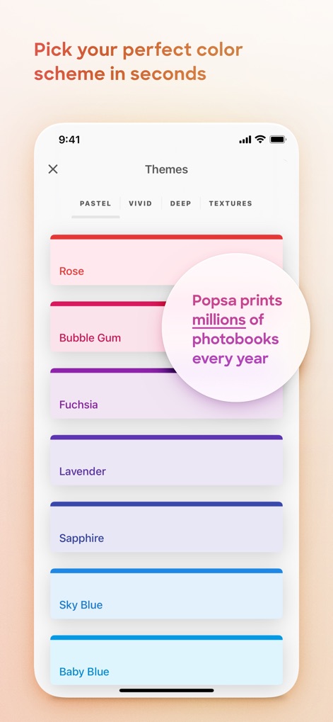 Popsa | Print Your Photos - The app presents an expansive selection of aesthetic color themes, categorized into styles like "Pastel" and "Vivid," allowing users to personalize their creations with ease and precision.