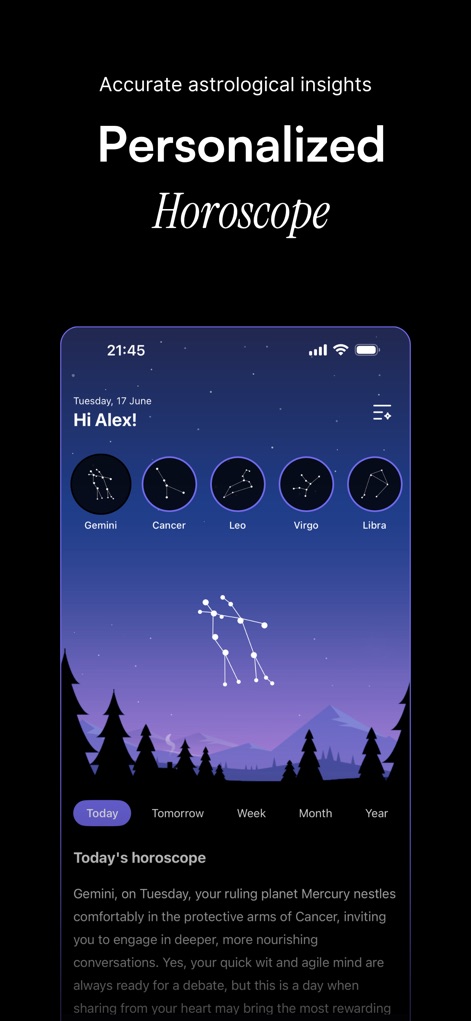 Orion – Horoscope & Tarot - Esta captura de pantalla presenta el horóscopo personalizado, donde se aprecian los iconos de los signos zodiacales para una selección rápida y las opciones de periodo de predicción (día, semana, mes, año) para adaptarse a las necesidades del usuario.