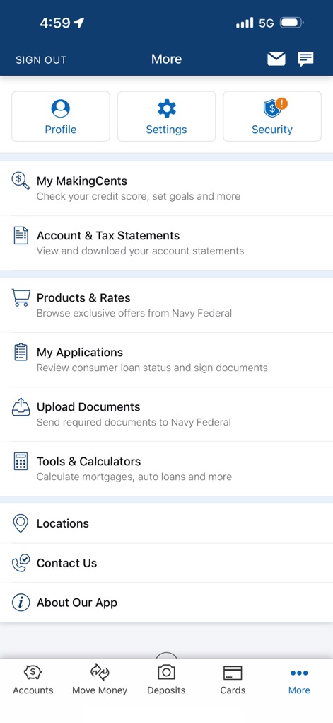Navy Federal Credit Union - The 'More' menu offers extensive options, including access to 'Tools & Calculators' and the ability to manage 'Account & Tax Statements' for complete control.