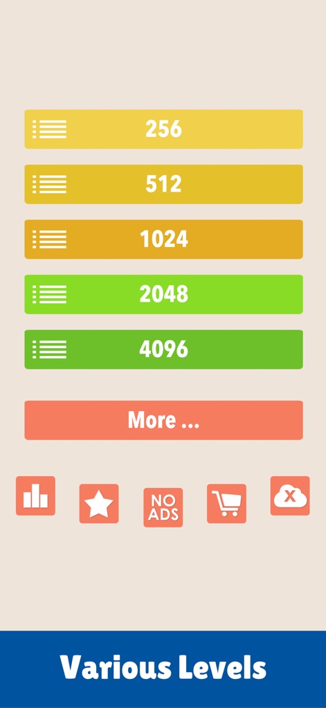 2048 :) - この画面では、「256」から「4096」までの複数の難易度選択ボタンが提供されており、さらに「NO ADS」アイコンの表示により、ユーザーは快適なゲーム体験を選択できます。