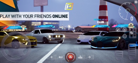 PetrolHead : Street Racing - ユーザーは、多様なプレイヤー車両が集まるオンラインセッションで、フレンドと競い合うことができます。ゲーム内のUIには、速度計とアクセル/ブレーキペダルが表示されています。