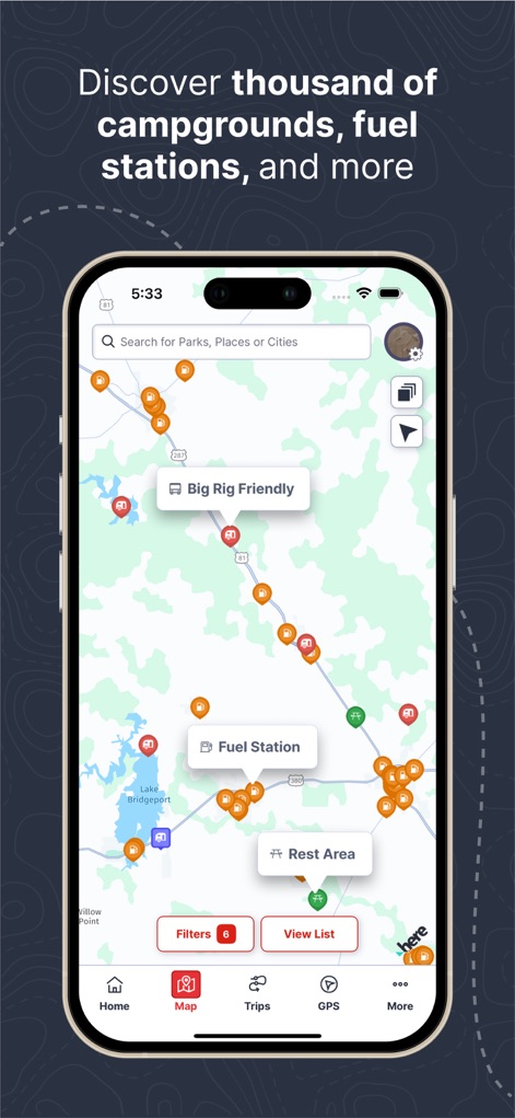 RV LIFE - RV GPS & Campgrounds - Gli utenti possono esplorare una mappa interattiva che evidenzia punti di interesse come "Big Rig Friendly" e "Fuel Station", utilizzando la barra di ricerca in alto per trovare parchi, luoghi o città specifiche.