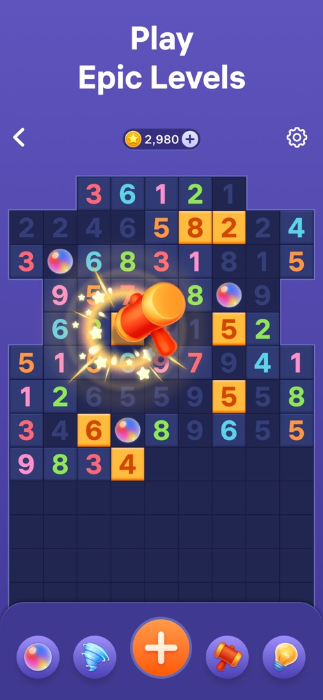 Number Tiles - Match Numbers - Os usuários podem explorar os 'níveis épicos' do aplicativo, utilizando estratégias com boosters como o 'Martelo' para remover peças, e observando a pontuação de moedas elevada no canto superior.