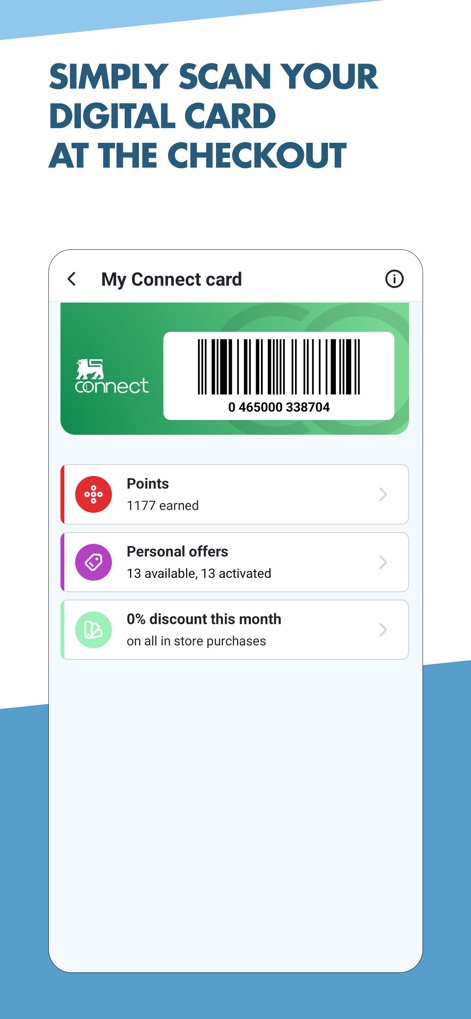 Mega Image Online - The app presents a scannable digital barcode for the Connect card, along with a quick overview of earned points and activated personal offers.
