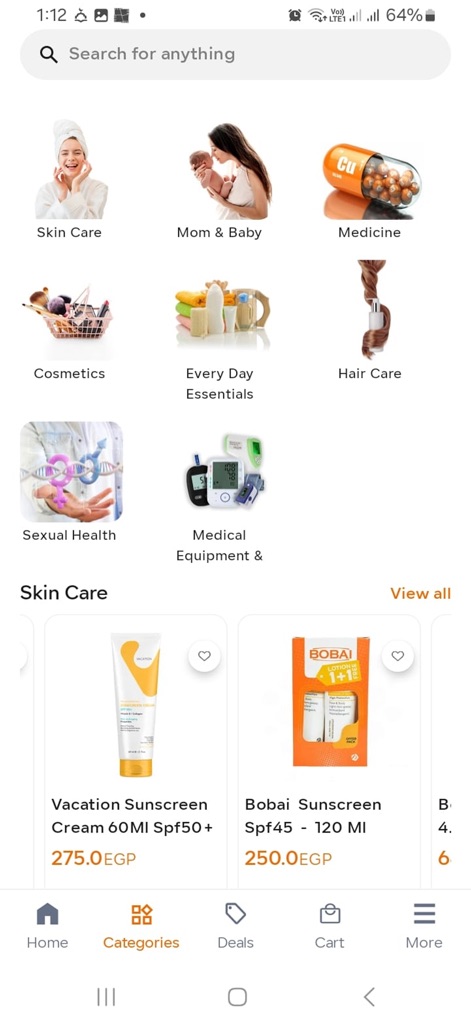 seif pharmacies - صيدلية سيف - Users can navigate a comprehensive product catalog through clearly defined categories like 'Skin Care' and 'Medical Equipment &', with relevant product displays immediately accessible.