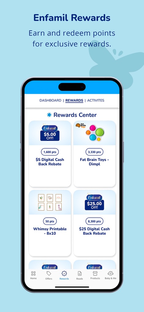 Enfamil: Baby Rewards Tracker® - The app's rewards center allows parents to redeem accumulated points for valuable benefits, including cash back rebates and educational toys for their baby.