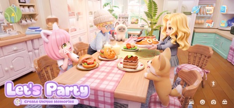 Heartopia - Avatares se reúnem em uma mesa de jantar repleta de comida, com pratos variados e um cachorrinho participando da cena.