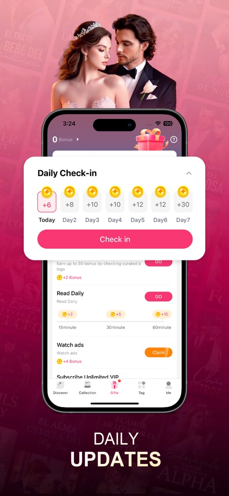 NovelaGo - Read Novels & Books - Los usuarios son incentivados con un sistema de "Daily Check-in" que otorga bonificaciones progresivas, y pueden ganar monedas adicionales al completar tareas como "Read Daily" y "Watch ads".