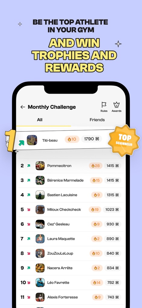 EXO – Sport, Cash & Rewards - The app fosters community and motivation through a dynamic 'Monthly Challenge' leaderboard, showcasing user rankings and awarding special recognition like the 'TOP SCANNEUR' badge.