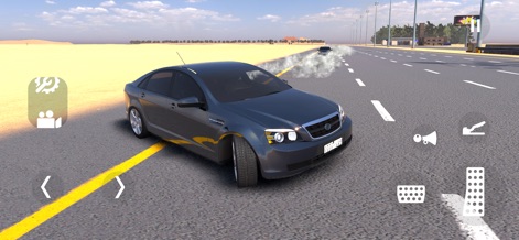 Highway Drifter: Hajwala Drift - 이 스크린샷은 도로 위에서 멋지게 드리프트하는 짙은 회색 세단의 모습을 담고 있으며, 타이어에서 뿜어져 나오는 흰 연기가 주행의 격렬함을 더합니다. 도로 중앙의 선명한 노란색 차선과 멀리 보이는 다른 차량이 도로 환경의 사실감을 높입니다.