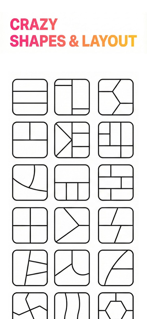 Insta Save Pro - L'application offre une impressionnante galerie de mises en page, avec une vaste sélection de formes géométriques et asymétriques présentées en grille, permettant aux utilisateurs d'expérimenter des agencements non conventionnels pour leurs photos.