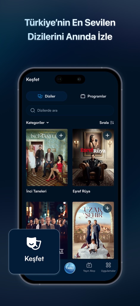Kanal D - Watch Series & TV - Esta herramienta permite una exploración sencilla de series y programas, con categorías bien definidas y una barra de navegación inferior que incluye la opción "Keşfet" para una búsqueda intuitiva.