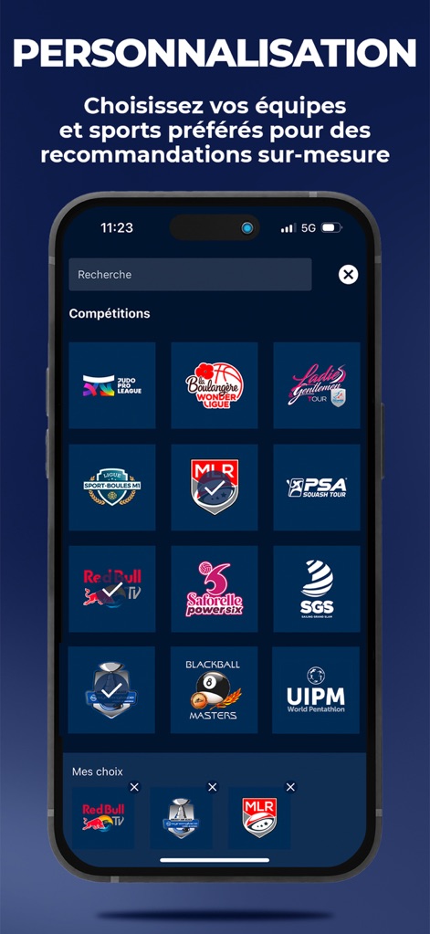 Sport en France - Users can meticulously personalize their feed by selecting their favorite competitions from a curated grid of logos, with chosen preferences dynamically populating the 'Mes choix' section for streamlined content delivery.