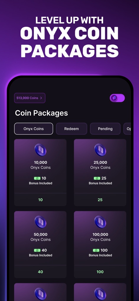 Onyx - Sports Picks - The app offers diverse Onyx Coin packages, providing users with multiple denominations and clear indications of bonus coins included with each purchase.