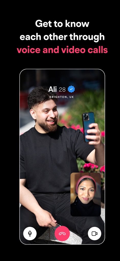 Muzz: Where Muslims Marry - Gli utenti possono conoscersi meglio attraverso chiamate vocali e videochiamate, come illustrato nella schermata con Ali, garantendo un'interazione più personale prima dell'incontro.