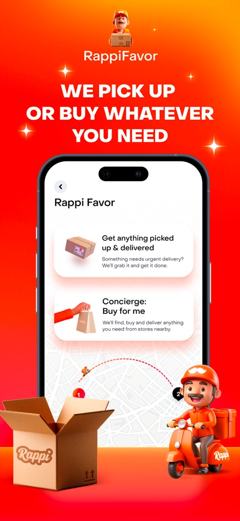 Rappi - Deliveries in Minutes - Understand the RappiFavor feature, detailing options for users to "Get anything picked up & delivered" or use the "Concierge: Buy for me" service for task-based deliveries.