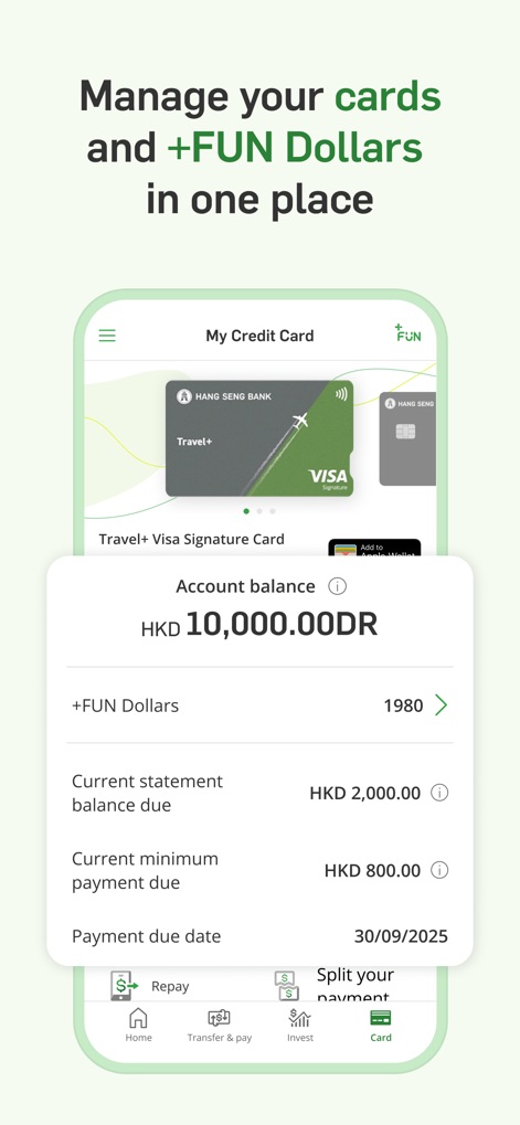 Hang Seng Personal Banking - The app centralizes card management, displaying "credit card images" and the "Account balance" while also tracking "+FUN Dollars" rewards.