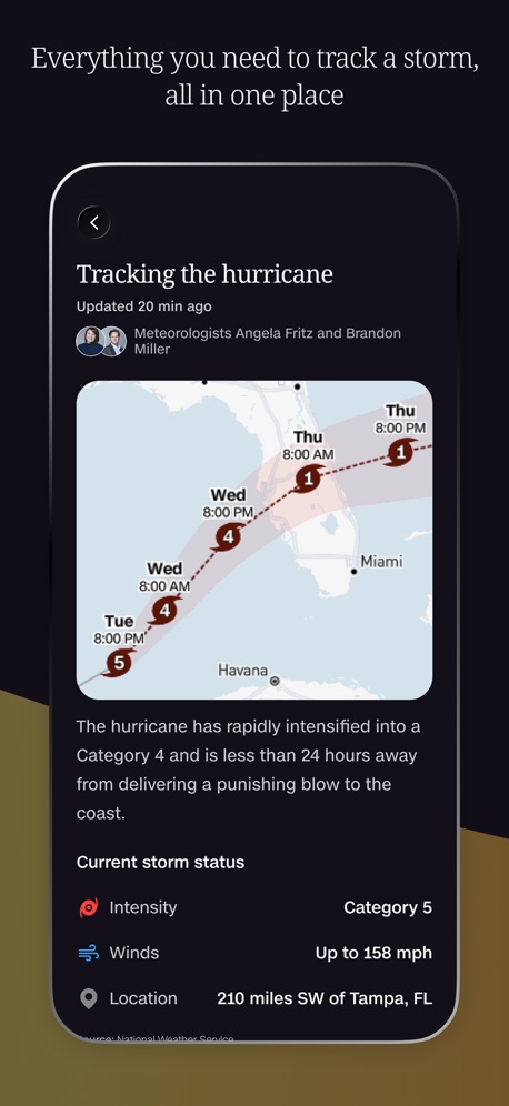 CNN Weather App Store screenshot 4, headline “Everything you need to track a storm, all in one place”. Black, white or grey.