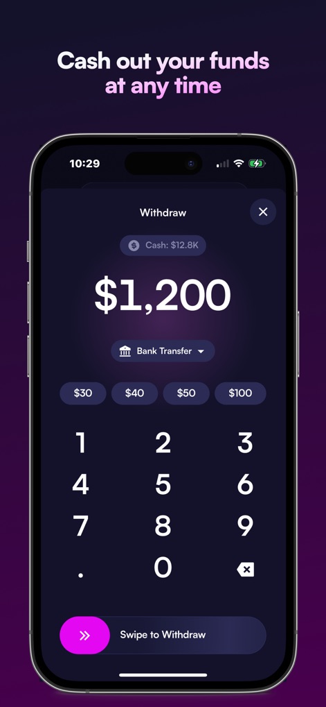 Moonshot - Cashing out funds is made simple with an intuitive withdrawal interface, featuring a numeric keypad for amount entry and the flexibility of bank transfers.