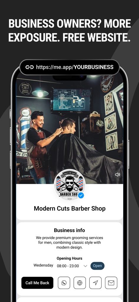 Me - Caller ID & Spam Blocker - Los propietarios de negocios pueden crear perfiles detallados como el de "Modern Cuts Barber Shop", ofreciendo a los clientes acceso rápido a información y opciones de contacto directo como "WhatsApp" y "Call Me Back".