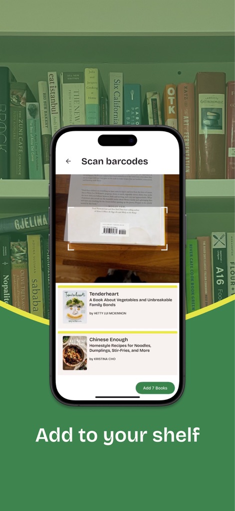 CookShelf: Search Cookbooks - Users can effortlessly expand their digital collection by scanning physical cookbook barcodes, instantly identifying titles and adding them to their personal library.